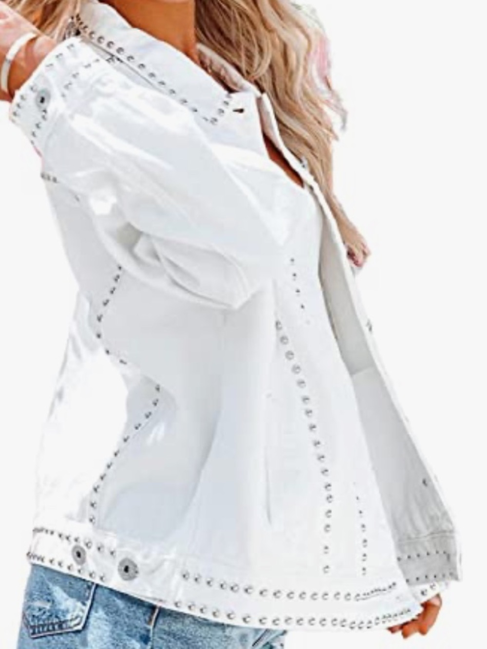 Women's Western Washed Denim Studded Trucker Jacket in Blanc sz M EUC  $129R - Picture 4 of 10